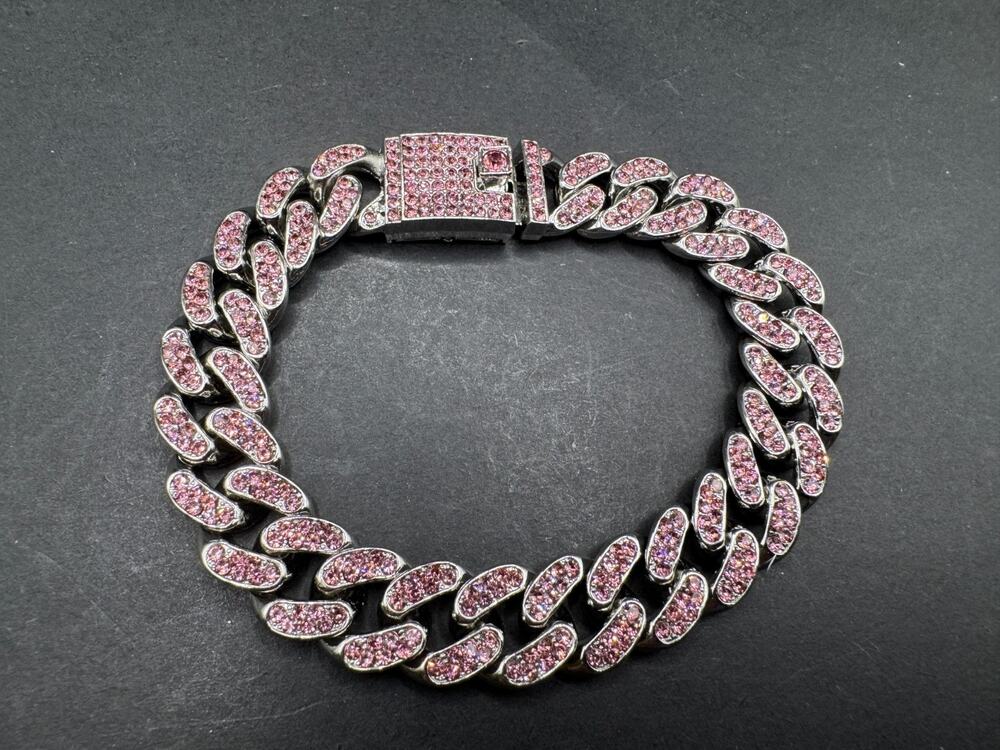 Miami Pink Iced Out Bling CZ Rhinestones Cuban Link Bracelet Sz 7.5"